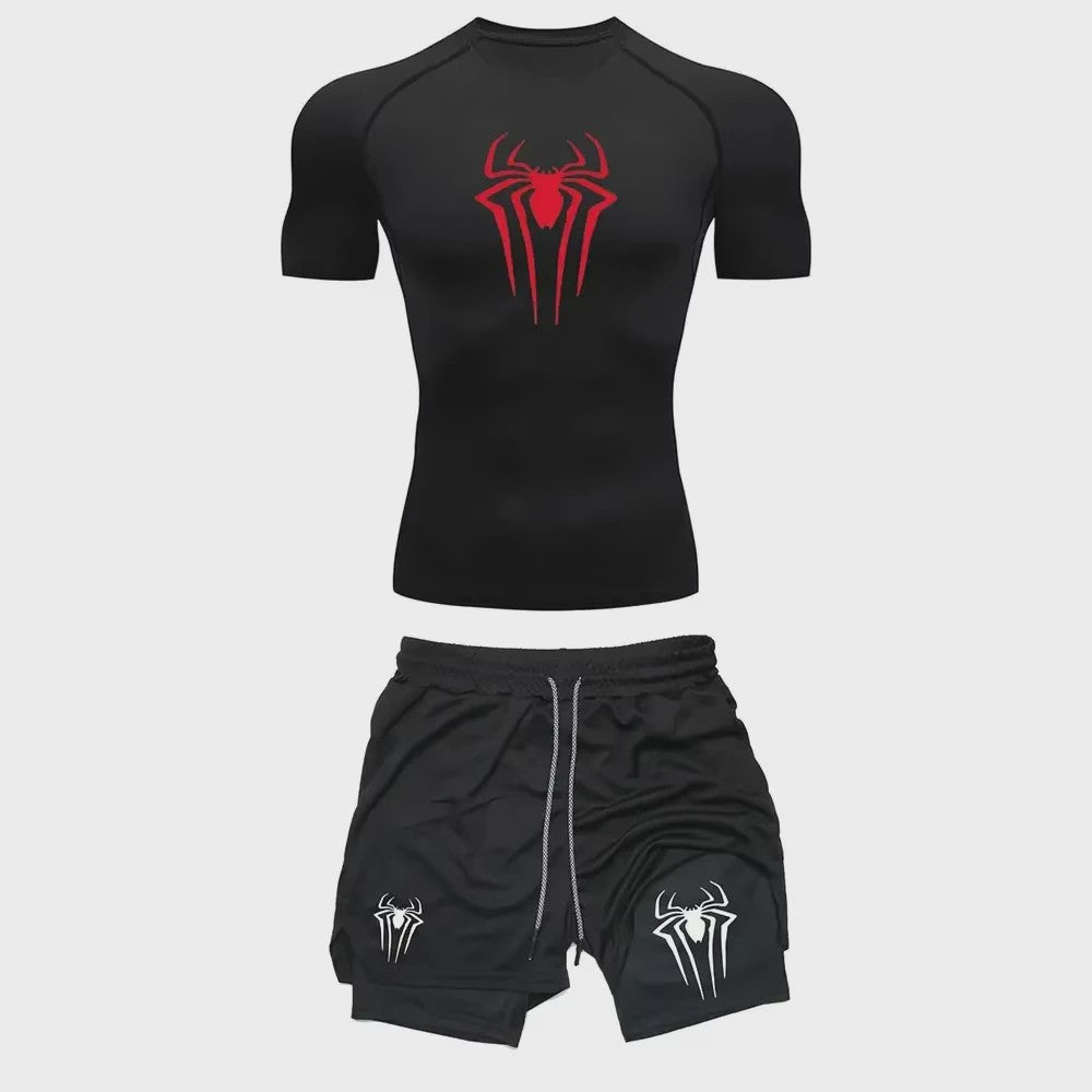 Heren Sport Set: Compressie T-shirt & Short met Spider Print