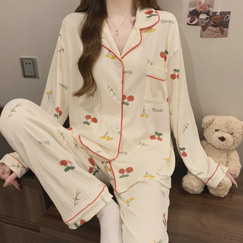 Dames Pyjama Set met Hartjesprint - Comfortabele Loungewear voor Lente & Herfst