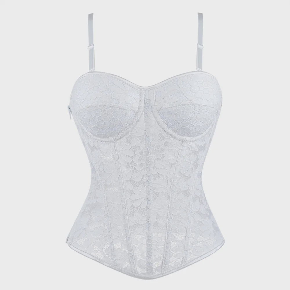 Zwart kanten korset top met mesh en ritssluiting - Sexy bustier voor feesten
