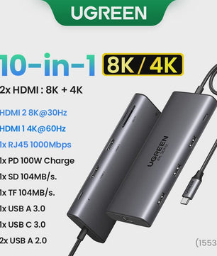 UGREEN 10-in-1 USB-C Hub: 8K/4K Dual HDMI, RJ45, USB 3.0, PD 100W - Docking Station voor MacBook & Laptop