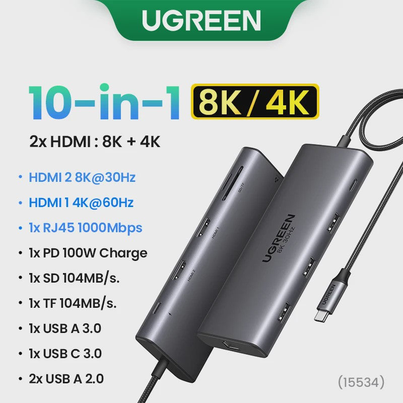 UGREEN 10-in-1 USB-C Hub: 8K/4K Dual HDMI, RJ45, USB 3.0, PD 100W - Docking Station voor MacBook & Laptop