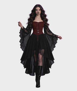 Dames Heksenjurk met Pofmouwen - Middeleeuwse & Gothische Renaissance Stijl voor Halloween & Cosplay