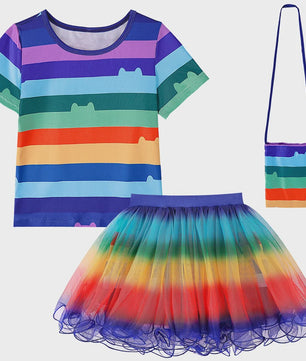 Meisjes Kleding Set: Zwart-Wit Katten T-shirt & Regenboog Tutu Rok met Accessoires