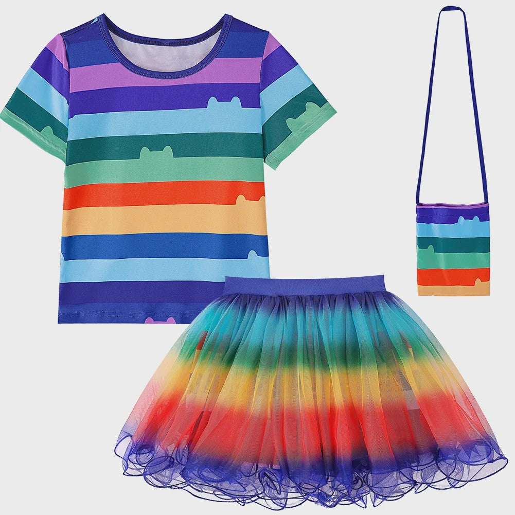 Meisjes Kleding Set: Zwart-Wit Katten T-shirt & Regenboog Tutu Rok met Accessoires