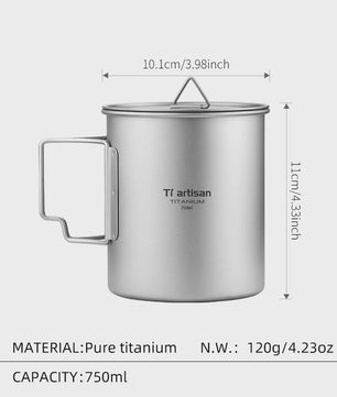 Tiartisan Titanium Mok met Opvouwbaar Handvat - Lichtgewicht & Draagbaar voor Outdoor Avonturen