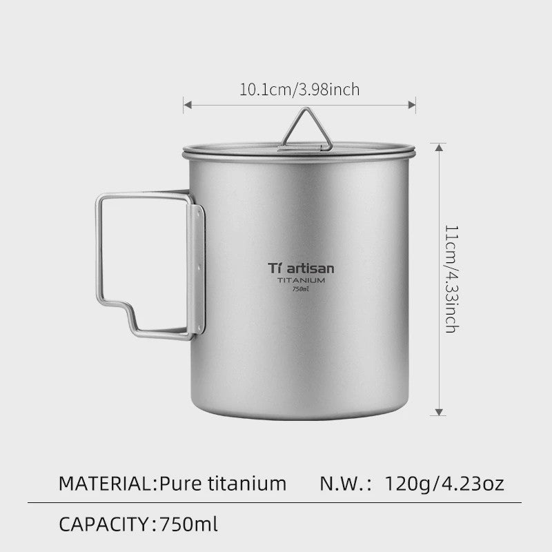 Tiartisan Titanium Mok met Opvouwbaar Handvat - Lichtgewicht & Draagbaar voor Outdoor Avonturen