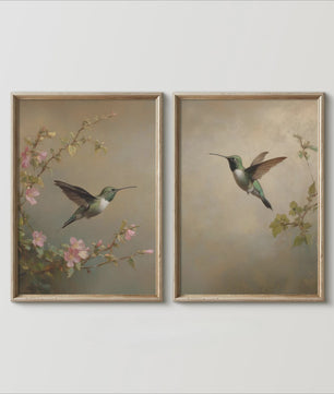 Set van 2 Frameloze Retro Kolibrie Canvas Posters - Landelijke Stijl Wanddecoratie