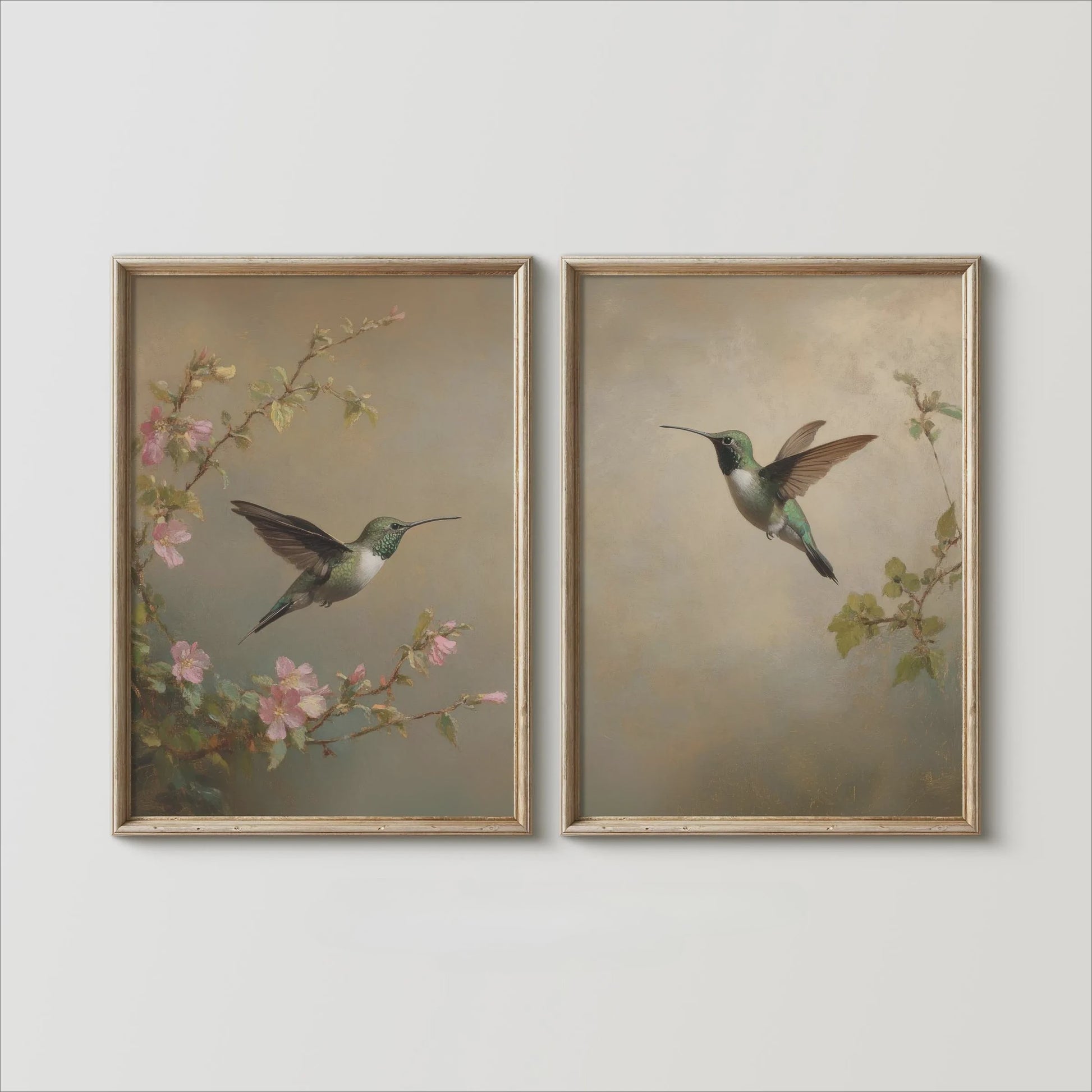 Set van 2 Frameloze Retro Kolibrie Canvas Posters - Landelijke Stijl Wanddecoratie