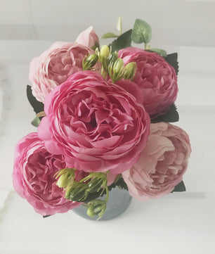 Roze Zijden Pioen Kunstboeket 30cm - 5 Grote Bloemen & 4 Knopen voor Decoratie