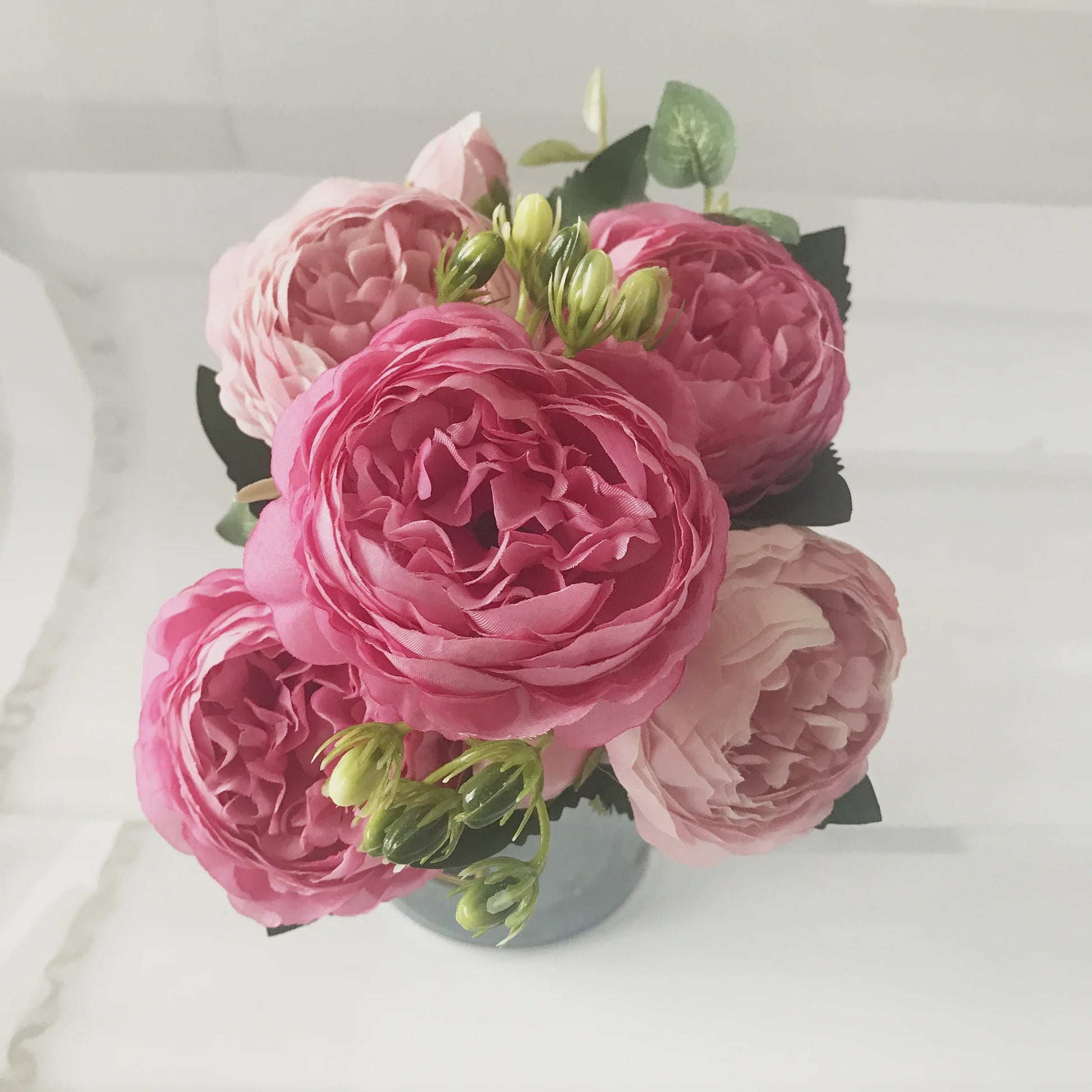 Roze Zijden Pioen Kunstboeket 30cm - 5 Grote Bloemen & 4 Knopen voor Decoratie