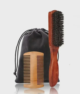 Professionele Baardborstel en Kam Set met Gift Bag - Zacht Varkenshaar & Hout