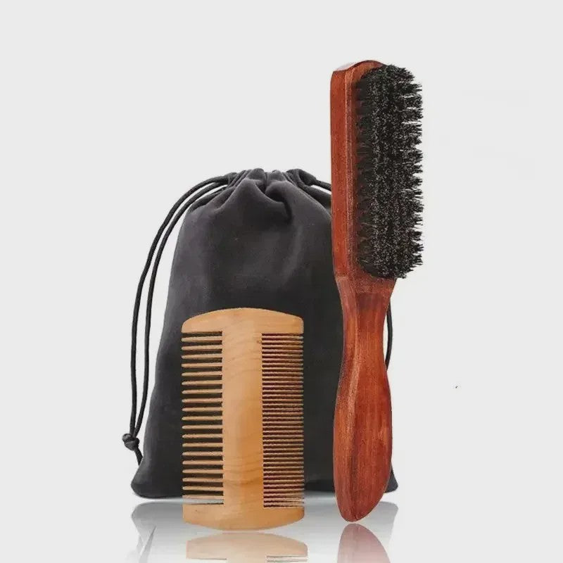 Professionele Baardborstel en Kam Set met Gift Bag - Zacht Varkenshaar & Hout