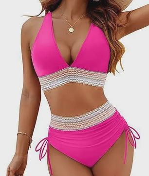 Dames Hoge Taille Bikini Set met Push-Up en Brede Schouderbanden - Zomer Strandkleding