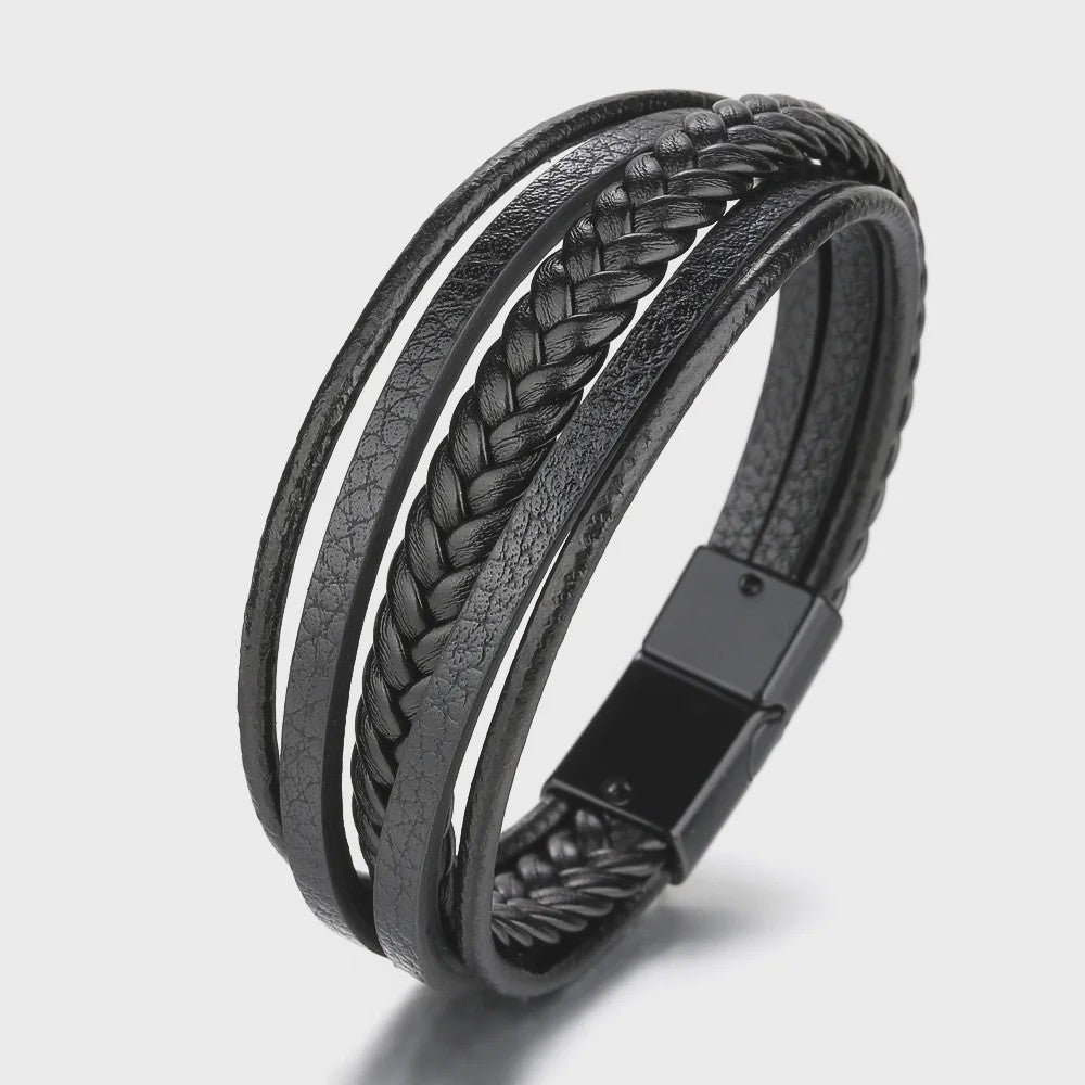 Trendy Heren Leren Armband - RVS & Gevlochten Touw, 21cm