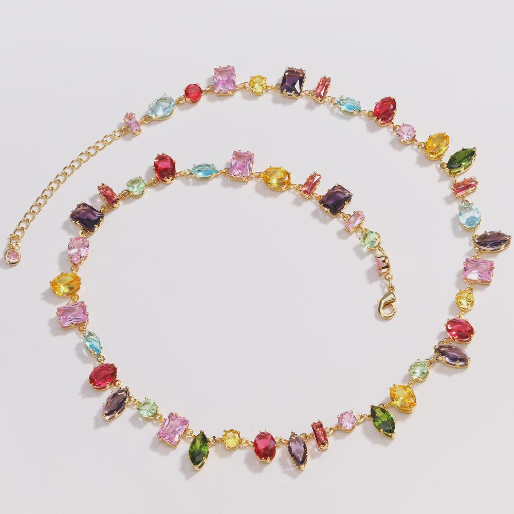 Luxe Goudkleurige Ketting met Kleurrijke Kristallen Zirkonia - Dames Sieraden