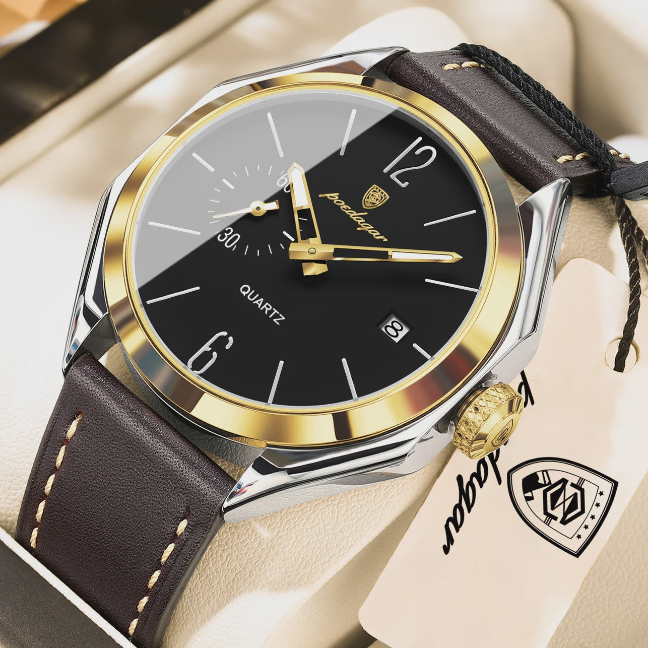 POEDAGAR Herenhorloge Leer - Zakelijk & Casual Kwarts Horloge met Datum & Waterdicht