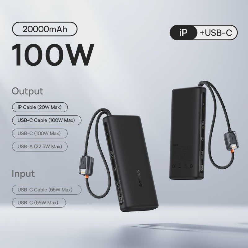 Baseus 145W Powerbank 25000mAh met Ingebouwde Type-C Kabels - Snel Laden voor Laptop, Tablet & Smartphone