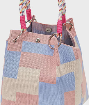 Mini Gebreide Bucket Bag Dames - Kleurrijk Colorblock Polstasje met Afneembare Handgreep