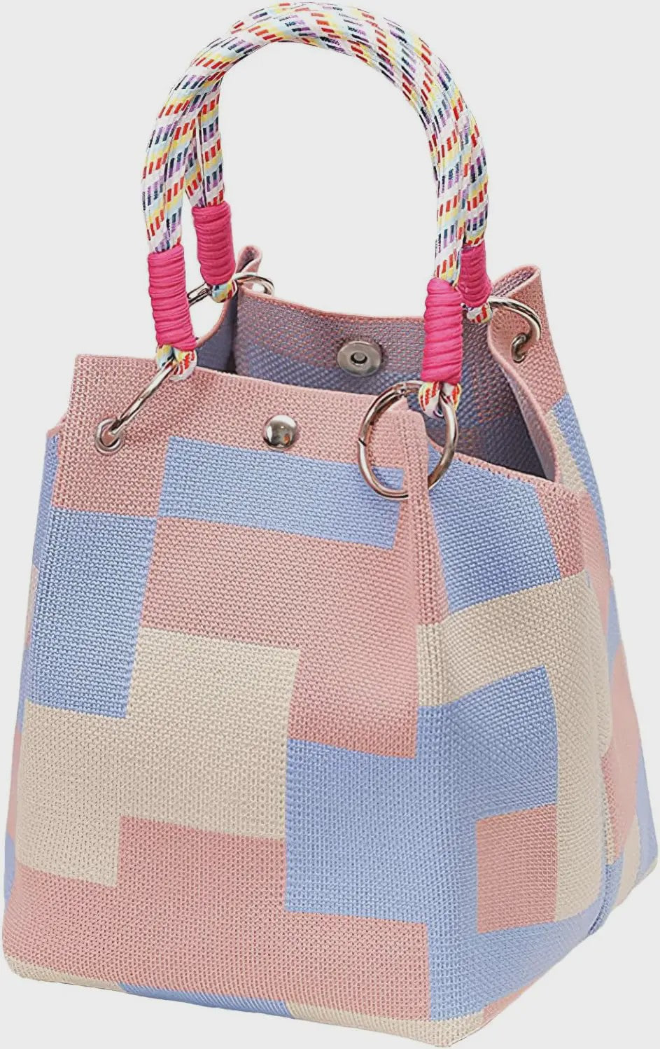 Mini Gebreide Bucket Bag Dames - Kleurrijk Colorblock Polstasje met Afneembare Handgreep