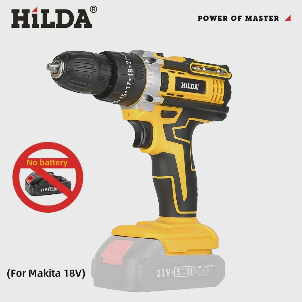 HILDA 21V Accuboormachine - 25+3 Koppelstanden, Draadloos & Makita Compatibel