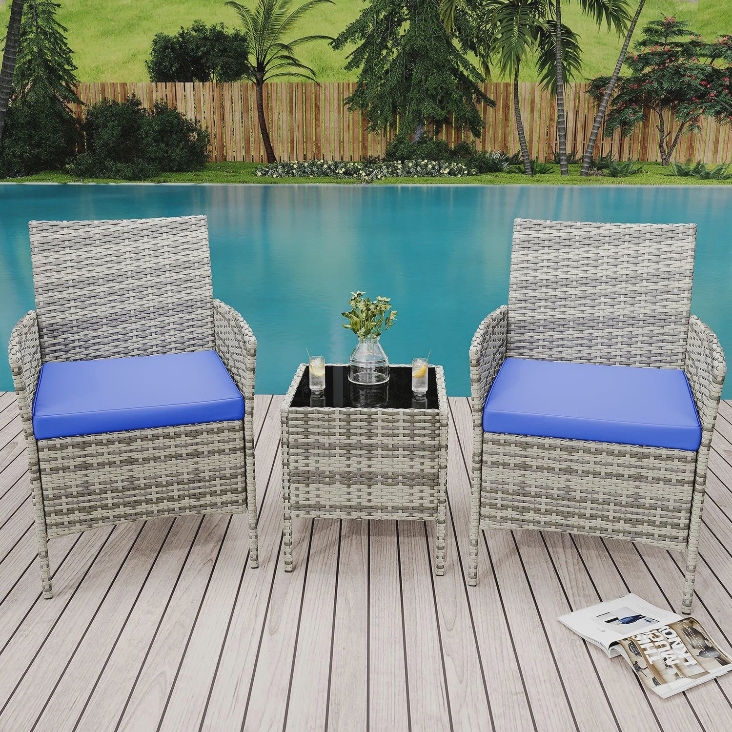 3-delige Buiten Terras Bistroset: PE Rotan Wicker Stoelen met Zachte Kussens & Glazen Salontafel - Compact Tuinmeubilair