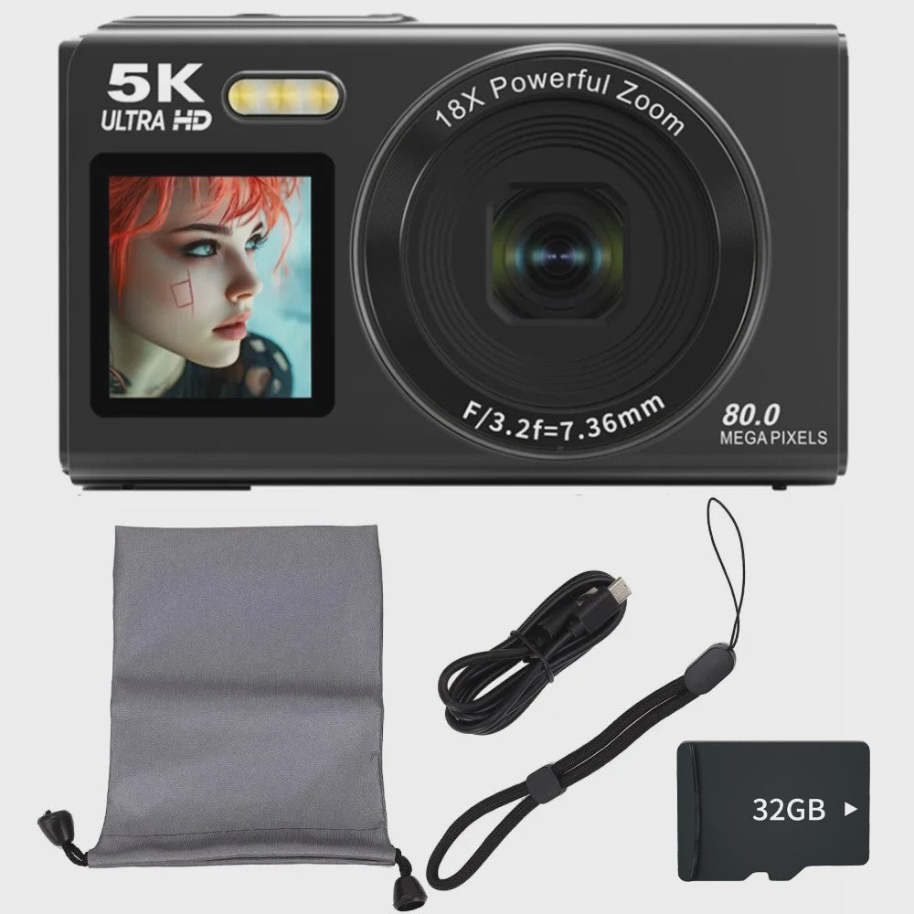 Ourlife Digitale Camera 5K 80MP met 18x Zoom, WIFI & Dual IPS Scherm - Vintage Vlog Camera