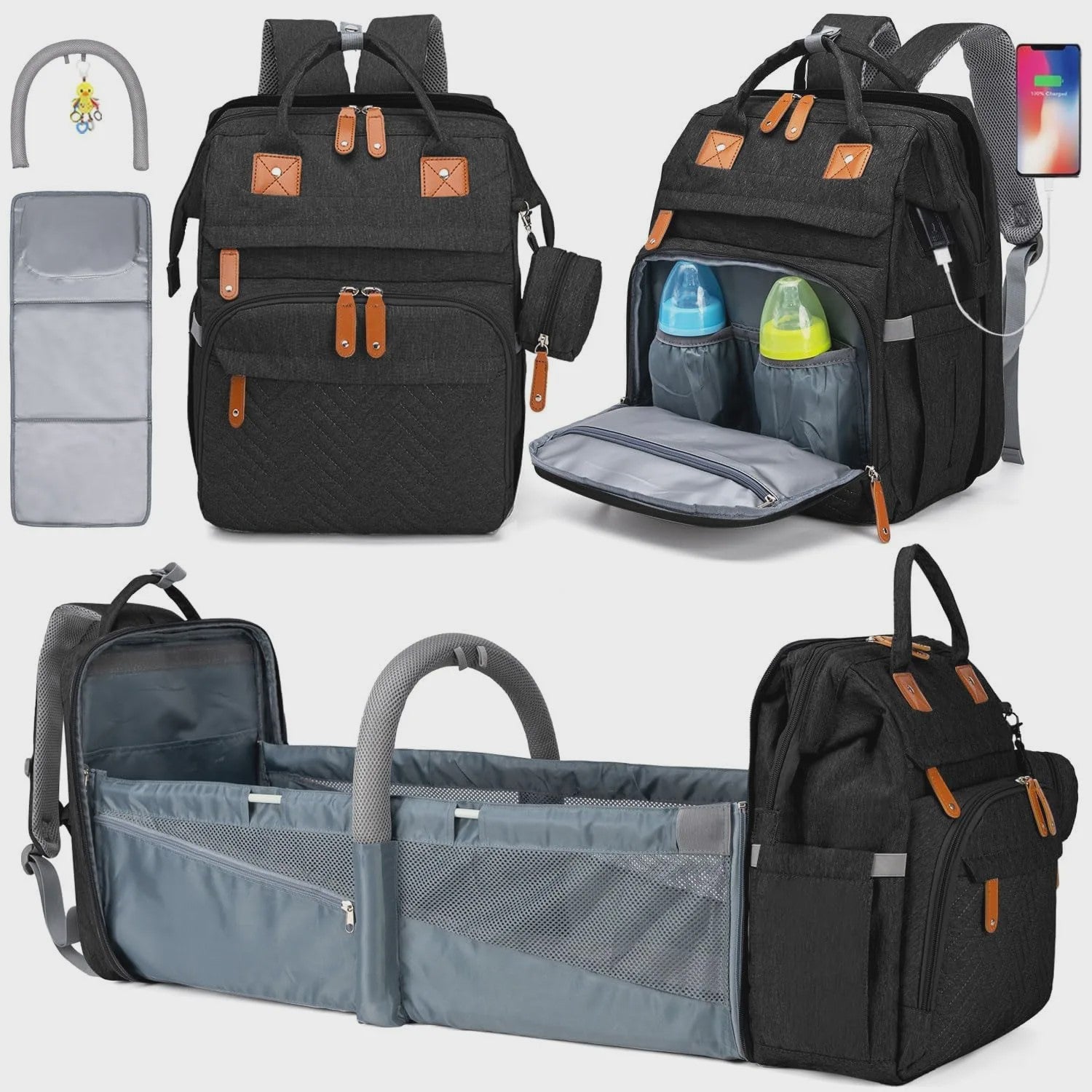 Multifunctionele Baby Luiertas Rugzak met Inklapbaar Babybedje en USB Laadpoort