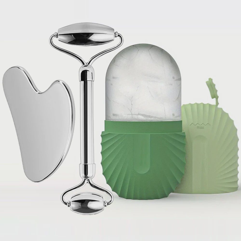 Gezichtsroller & Gua Sha Set: Luxe Roestvrij Staal & IJsroller voor Huidverzorging
