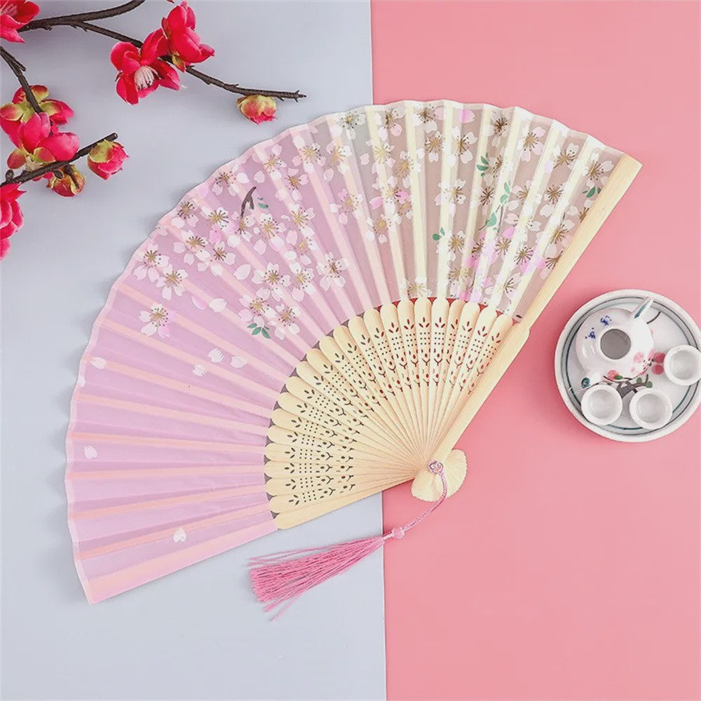Vintage Zijden Vouwbare Handwaaier - Chinees/Japans Bamboe, Perfect voor Dans & Decoratie