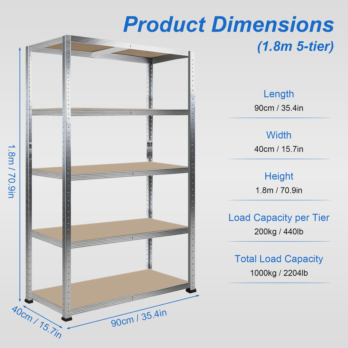 5-Laags Heavy Duty Metalen Stellingkast - 1000kg Draagvermogen - Boutloos Ontwerp - Verstelbare MDF Planken