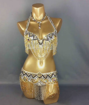 Dames Buikdans Set: Luxe Beaded Bh & Heupsjaal met Franjes