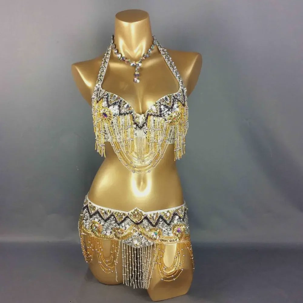 Dames Buikdans Set: Luxe Beaded Bh & Heupsjaal met Franjes