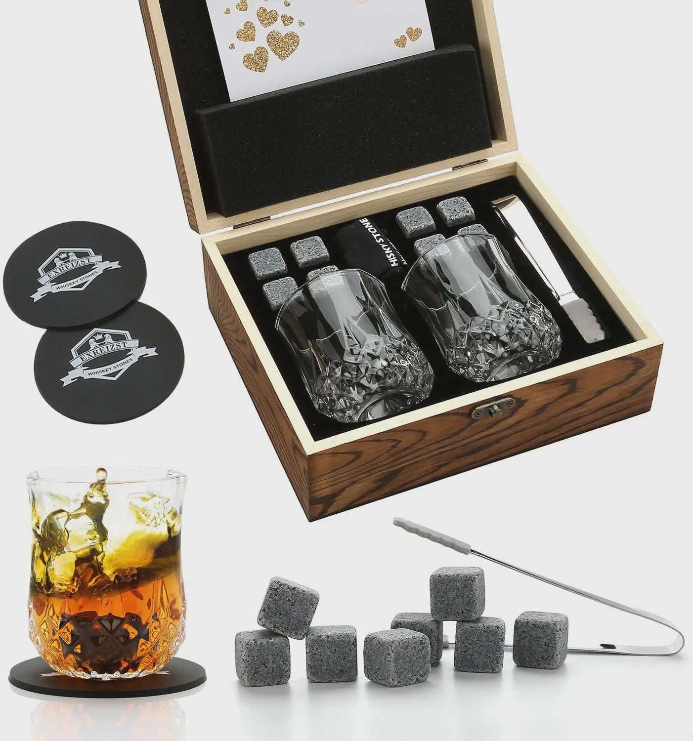 Luxe Whiskey Set met Glazen en Granieten Stenen - Houten Cadeaubox