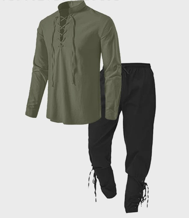 Middeleeuws Piraten Kostuum Set: Shirt met Vetersluiting en Broek