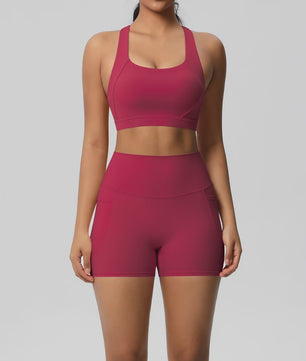 Dames Yoga Set: Sportieve Kleding met Hoge Taille Shorts en Sportbeha met Zakken