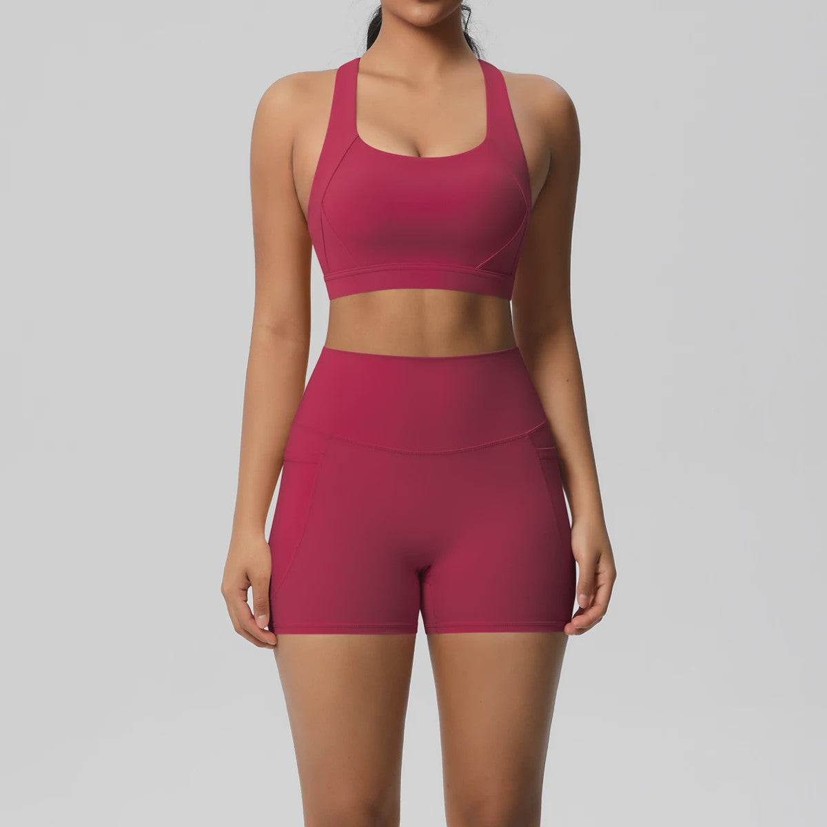 Dames Yoga Set: Sportieve Kleding met Hoge Taille Shorts en Sportbeha met Zakken