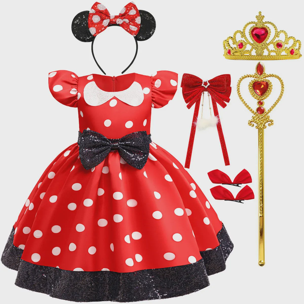 Minnie Mouse Jurk Meisjes Rood Polka Dot met Grote Pailletten Strik - Feestjurk