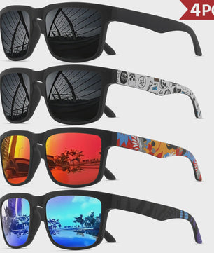 4-delige Set Vierkante Sportzonnebrillen met Designer Tempelpatroon - UV400 Bescherming