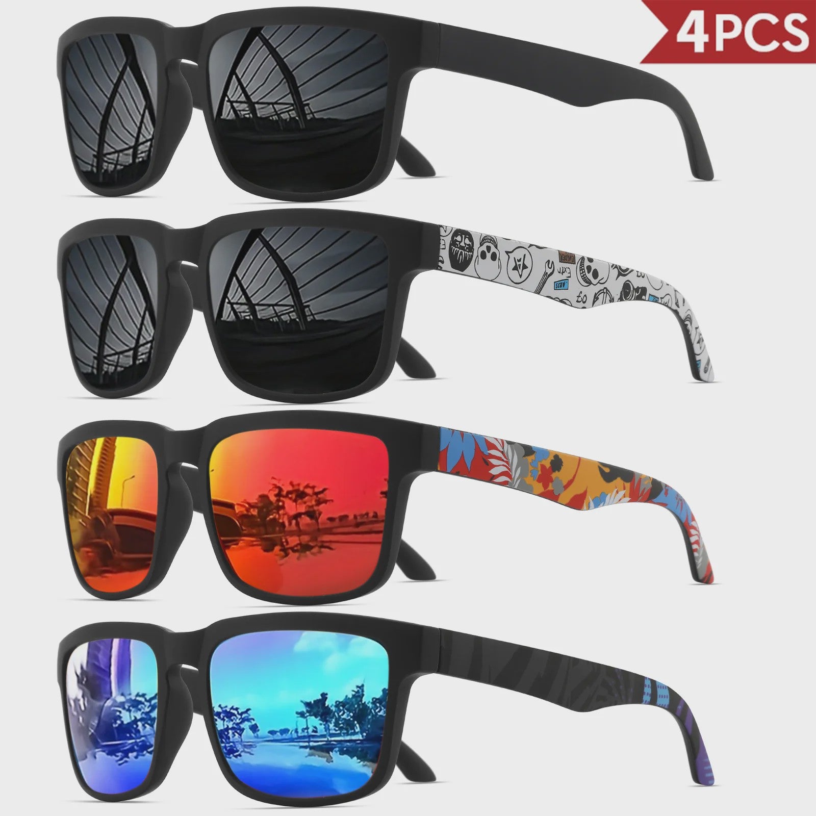 4-delige Set Vierkante Sportzonnebrillen met Designer Tempelpatroon - UV400 Bescherming