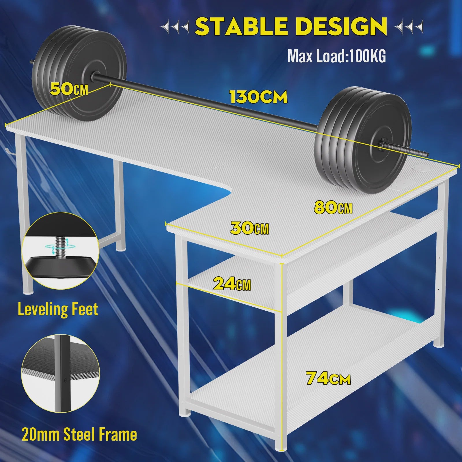 COMHOMA Hoekbureau met Planken, 120cm Gaming PC Bureau met USB Laadpoort en Stopcontact