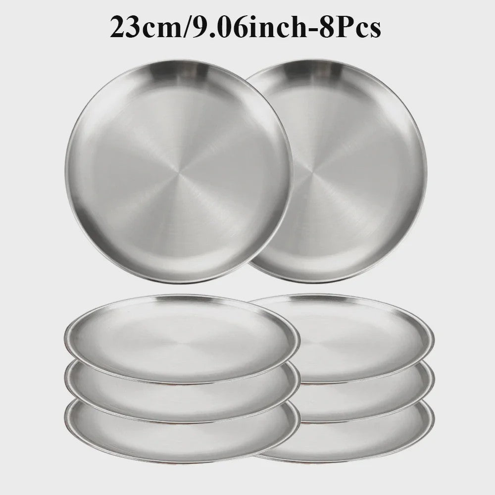 8-delige RVS Serveerschalen Set - Ronde Metalen Borden voor Diner, BBQ & Camping