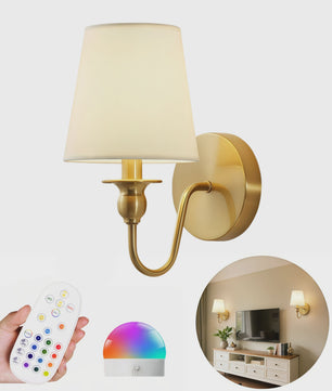 Draadloze Wandlamp Goud met Afstandsbediening & 15 Kleuren LED - Oplaadbaar, Dimbaar, Stoffen Kap