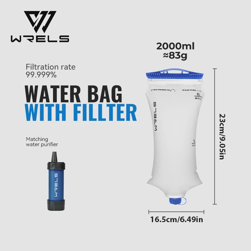 WRELS Opvouwbare Waterfilter Zak - Outdoor Waterzuivering, BPA-Vrij, Ideaal voor Survival