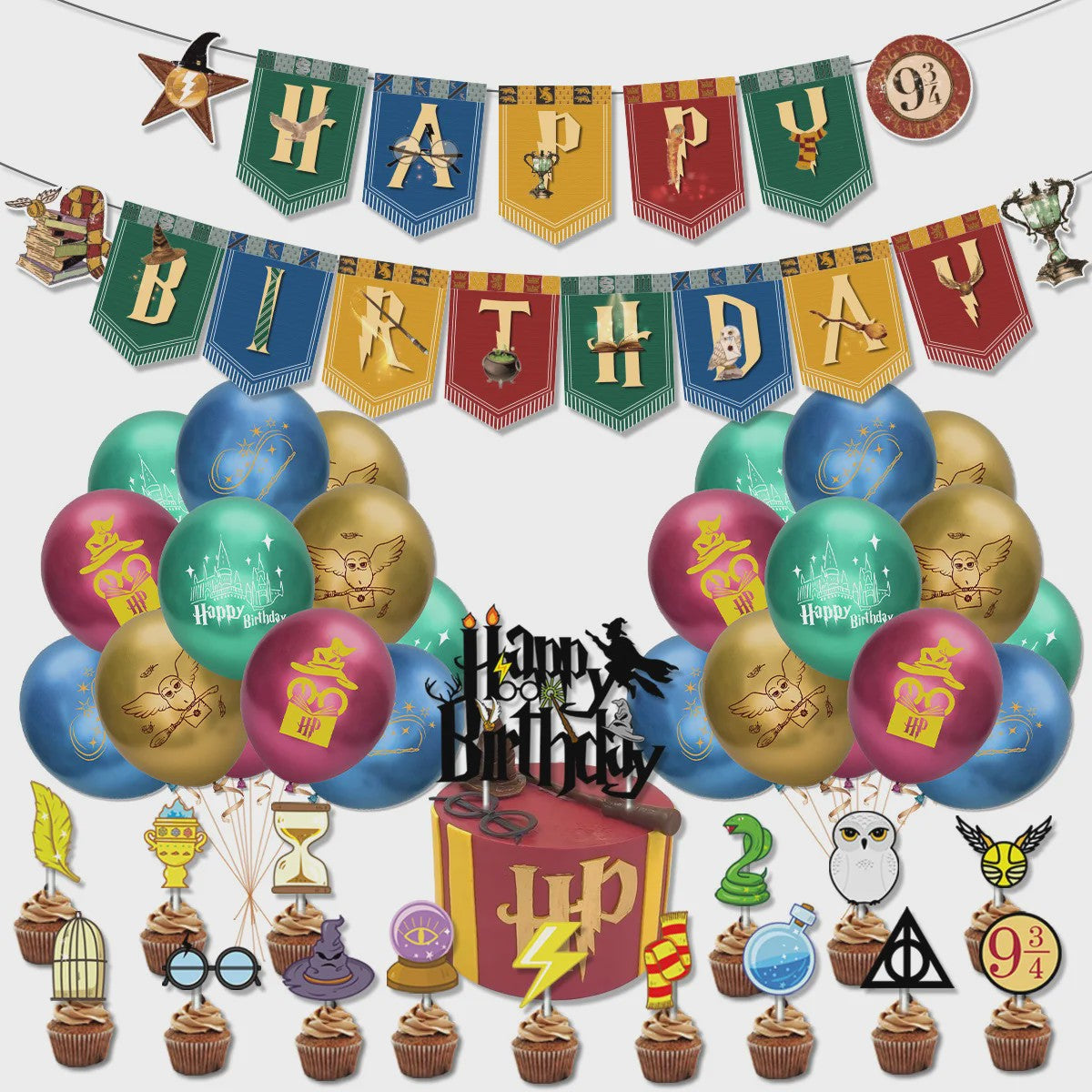 Harry Potter Verjaardagsfeest Decoratie Set - Banner, Cake Toppers & Ballonnen