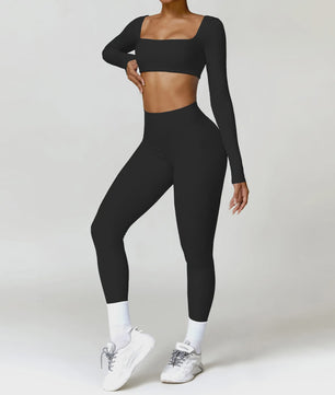 Dames Yoga Set 2-Delig: Sneldrogend Sportpak met Lange Mouwen Top en Hoge Taille Shorts
