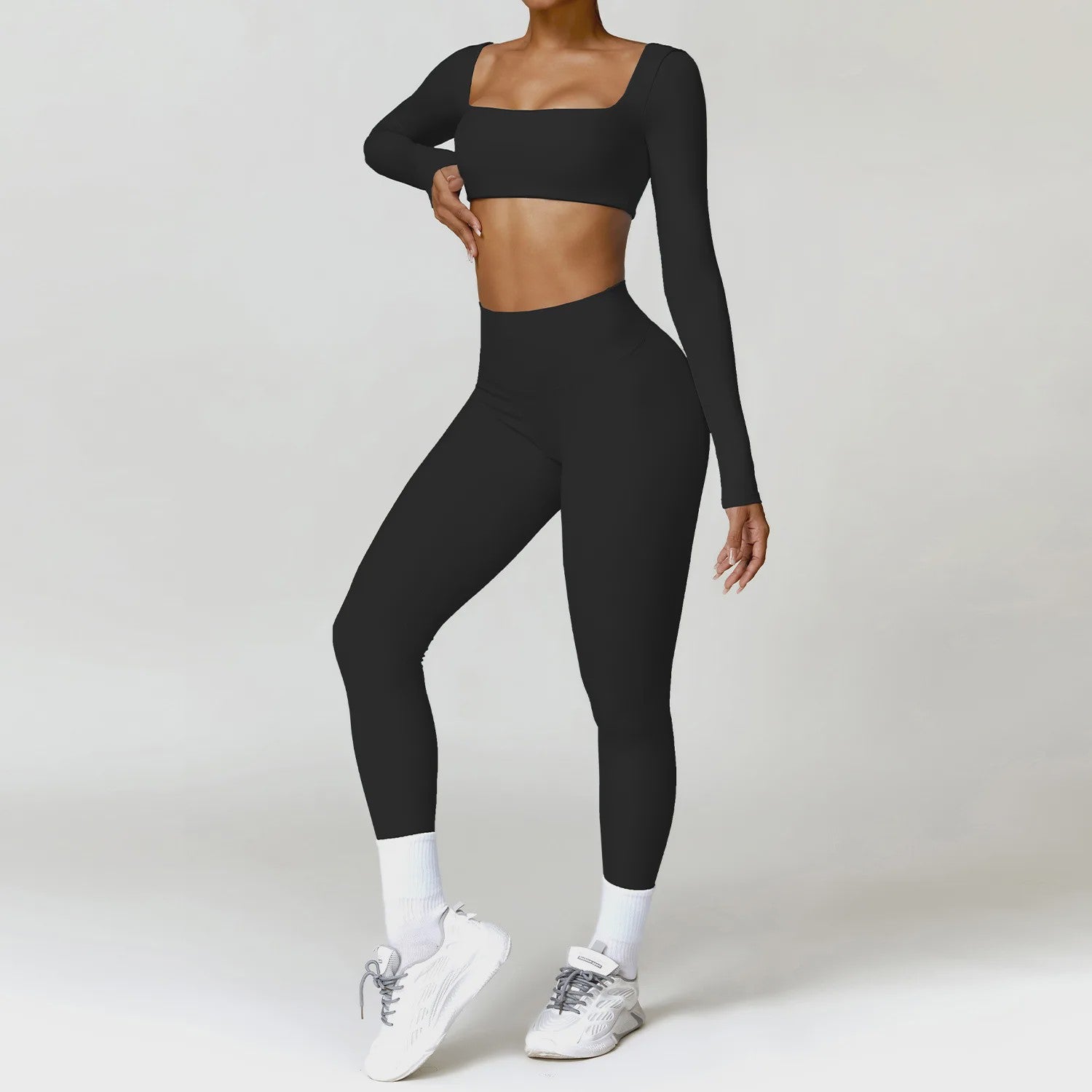 Dames Yoga Set 2-Delig: Sneldrogend Sportpak met Lange Mouwen Top en Hoge Taille Shorts