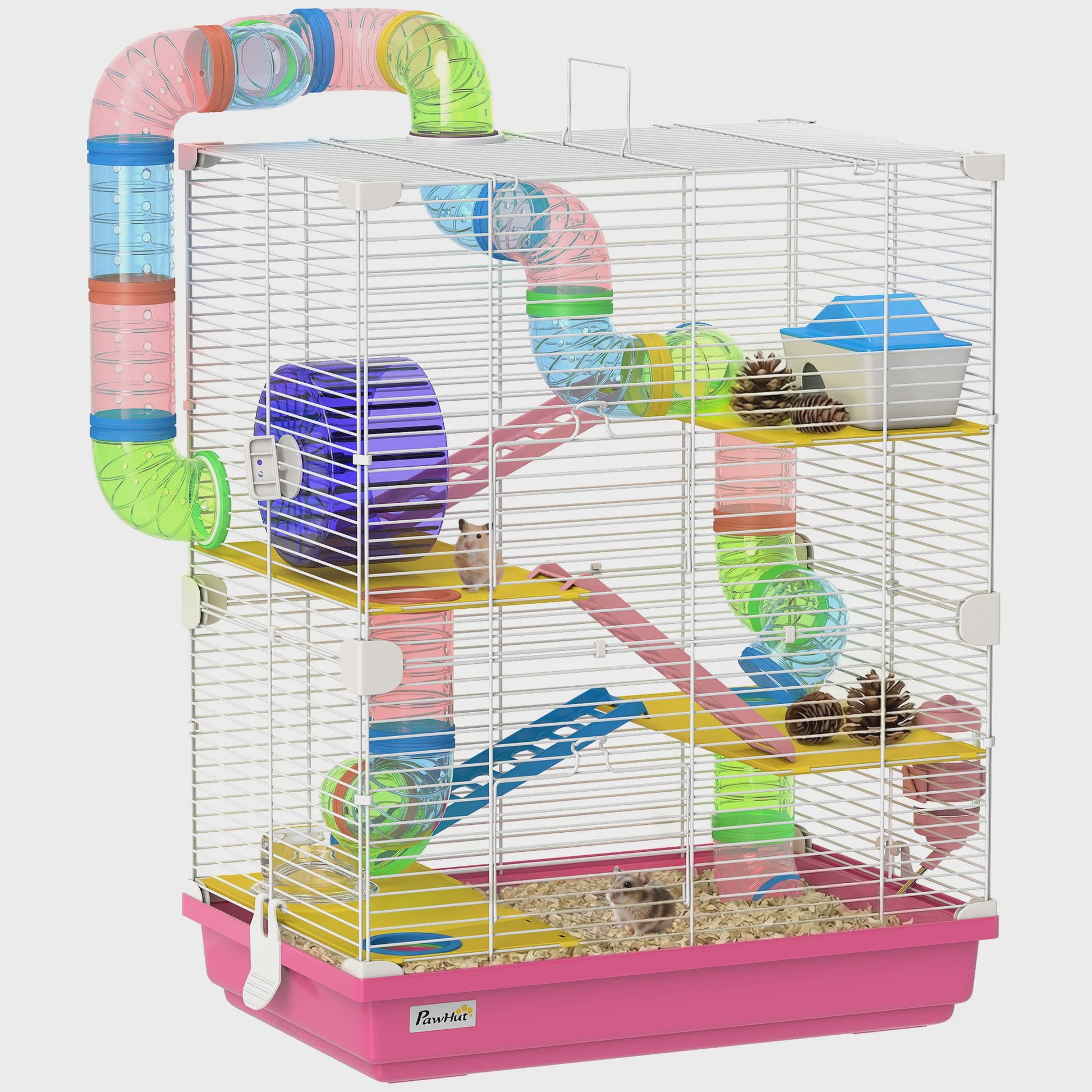 Ruime Hamsterkooi met Tunnels, Platforms, Wieltje en Accessoires (46x30x58 cm)