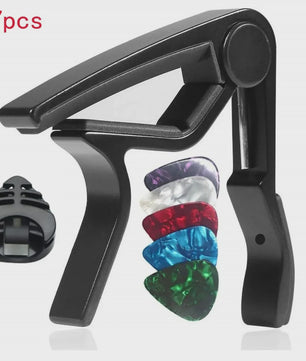 7-delige Gitaar Capo Set met 5 Picks en Houder - Zwart & Zilver