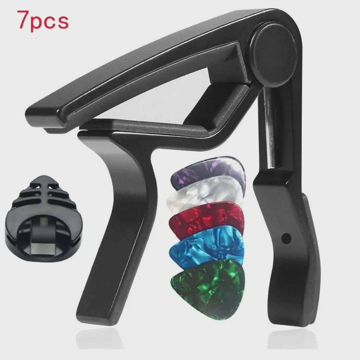 7-delige Gitaar Capo Set met 5 Picks en Houder - Zwart & Zilver