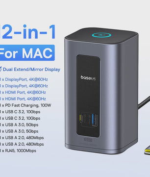 Baseus 15-in-1 USB-C Docking Station: 160W PD, 4K@120Hz HDMI, 25W Draadloze Charger & 180W GaN Adapter